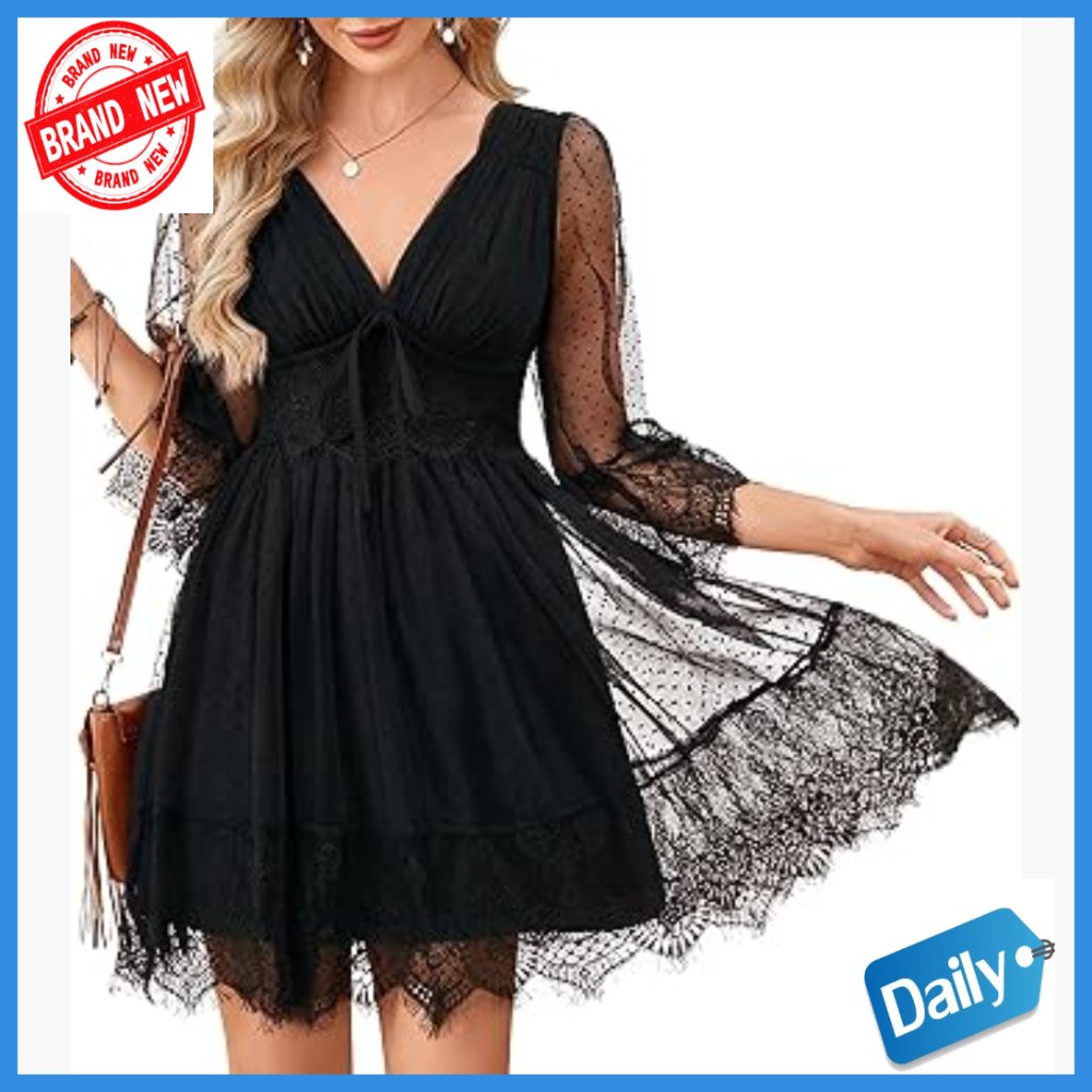 Florboom Summer Boho Lace Patchwork Mini Dress Deep V Neck Smocked Back